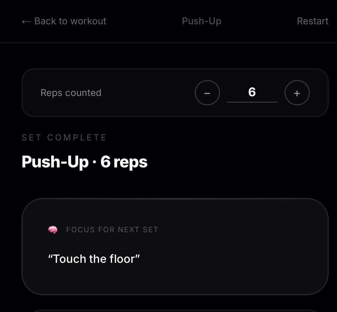 FormX next-set coaching cue after a push-up set